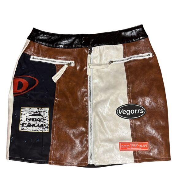 Faux Leather Brown and Black Patchwork Skirt Set - Picture 3 of 12